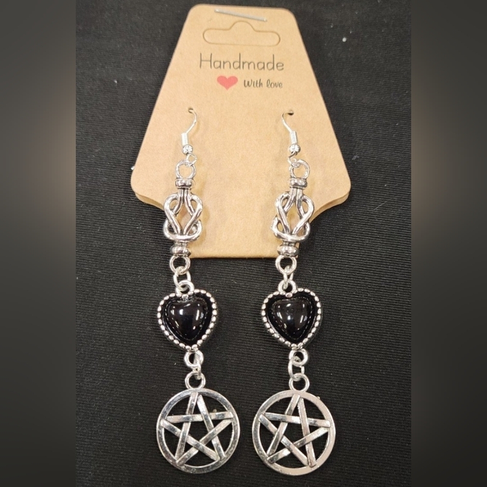 Pentagram Earrings Hypoallergenic Black Heart Handmade Wiccan Pagan Witch Gothic